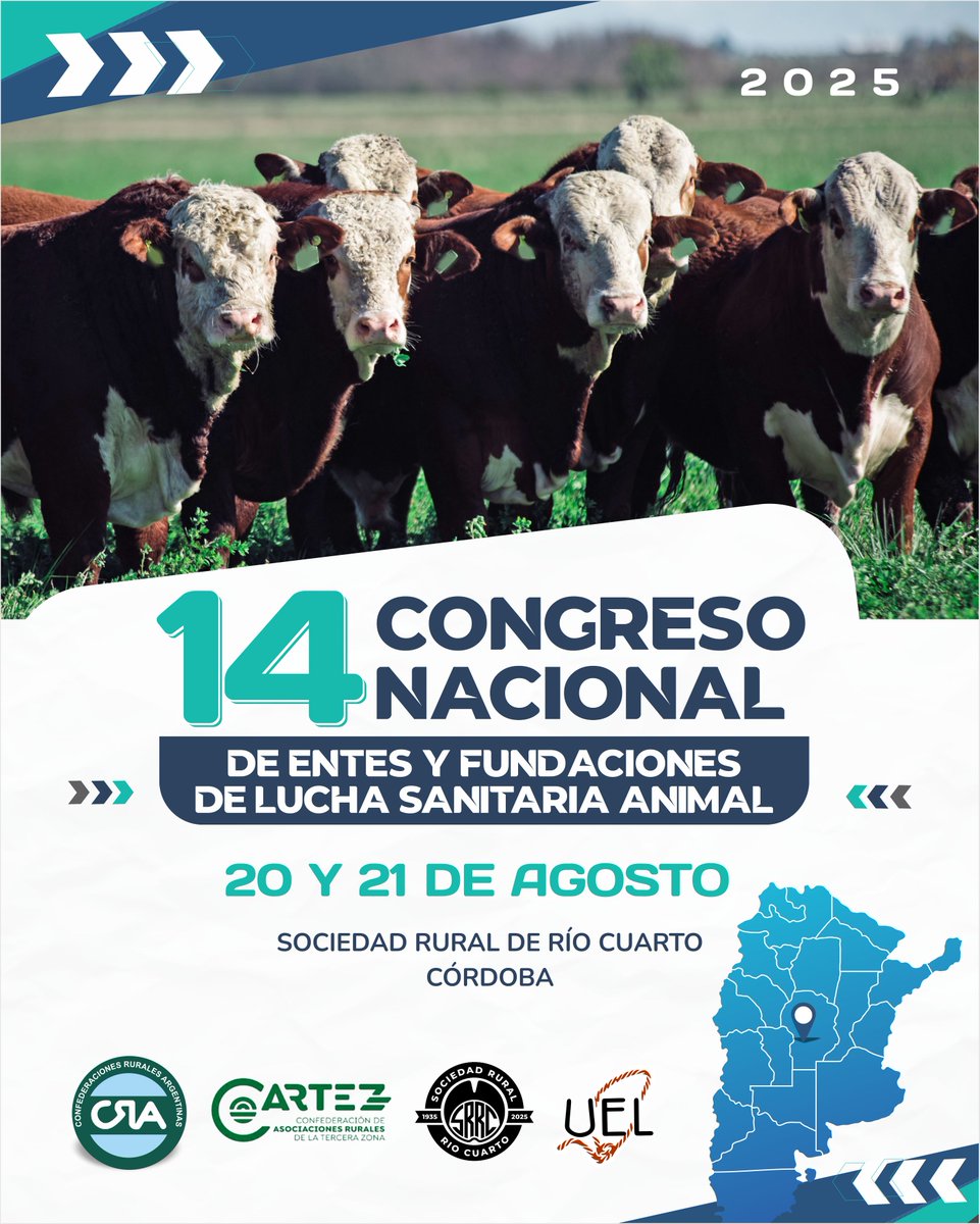 🐄💉 Llega el 14° Congreso Nacional de Entes y Fundaciones de Lucha Sanitaria Animal
Hacia una Salud Animal Integral: Innovación, Prevención y Desarrollo Sostenible
📅 20 y 21 de agosto de 2025
📍 Sociedad Rural de Río Cuarto, Córdoba
Con el compromiso de seguir fortaleciendo los
