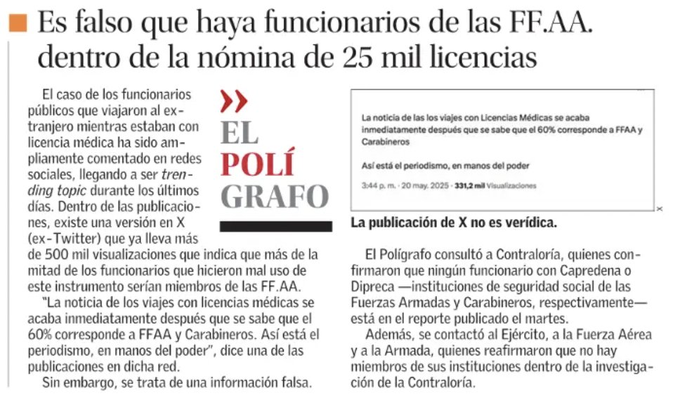 Ha circulado la versión de que más de la mitad de los funcionarios con licencias médicas que viajaron son de las Fuerzas Armadas. Sin embargo, es falso. En el informe de Contraloría no figuran efectivos de las diversas ramas.