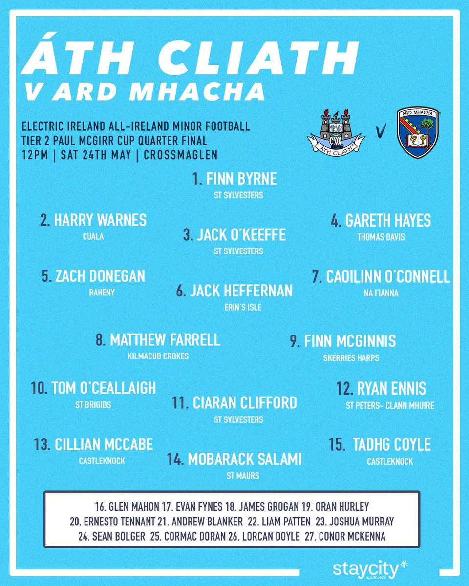 Here is the Dublin Minor Football panel to face Armagh in the Electric Ireland All-Ireland Minor Football Tier 2 Paul McGirr Cup Quarter Final in Crossmaglen on Saturday 👕

#UpTheDubs