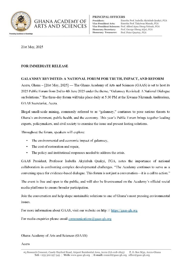 GAASGhana's tweet photo. PRESS RELEASE: GAAS [GALAMSEY REVISITED: A NATIONAL FORUM FOR TRUTH, IMPACT, AND  REFORM] 
Read: https://t.co/2PKpVbgBoQ
Promoting scholarship. Driving impact.
#GAAS #AcademicLeadership #Ghana #KnowledgeForDevelopment https://t.co/jSqKzcwh1P