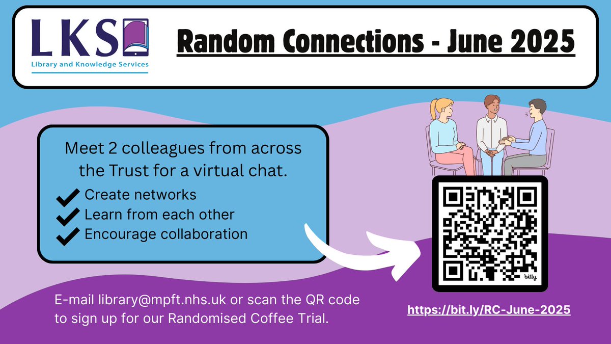 MPFT Library (@library_mpft) on Twitter photo Do you want to meet new people from across the Trust? Join our Random Connections Trio event to connect and collaborate with colleagues across MPFT.
Sign up for the event using the following link to secure your place! bit.ly/RC-June-2025
<a href="/mpftnhs/">Midlands Partnership University NHS FT</a> #RandomisedCoffeeTrial Do you want to meet new people from across the Trust? Join our Random Connections Trio event to connect and collaborate with colleagues across MPFT.
Sign up for the event using the following link to secure your place! bit.ly/RC-June-2025
<a href="/mpftnhs/">Midlands Partnership University NHS FT</a> #RandomisedCoffeeTrial