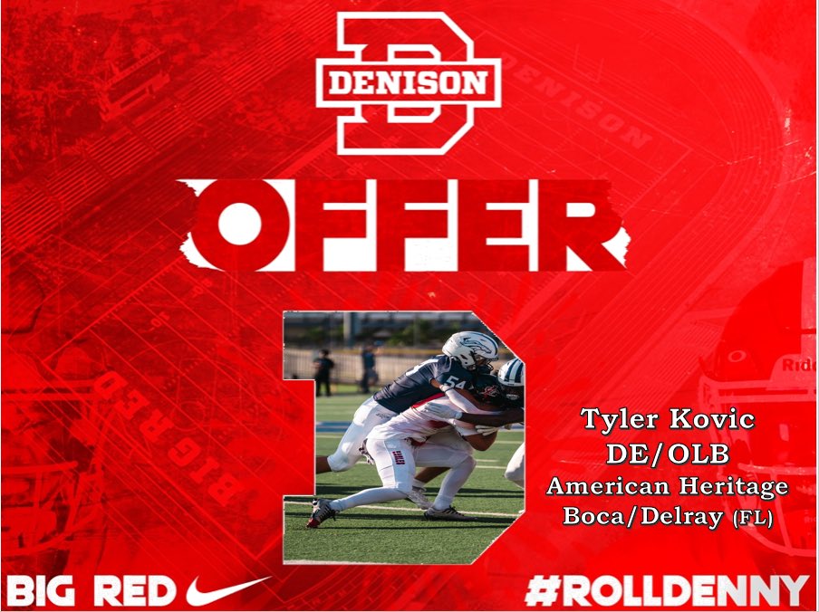 tyler kovic (@kovictyler) on Twitter photo Blessed to receive my 3rd college offer to Denison College.
<a href="/coachjo51/">Jovon Johnson</a> <a href="/JonathanKingSr1/">Jonathan King Sr.</a> <a href="/DUFootball/">Denison Football</a> <a href="/stallionsfb/">HERITAGE FOOTBALL</a> <a href="/CoachCoby_10/">Herve Coby</a> <a href="/J_D_Baha/">Coach Bayha</a> Blessed to receive my 3rd college offer to Denison College.
<a href="/coachjo51/">Jovon Johnson</a> <a href="/JonathanKingSr1/">Jonathan King Sr.</a> <a href="/DUFootball/">Denison Football</a> <a href="/stallionsfb/">HERITAGE FOOTBALL</a> <a href="/CoachCoby_10/">Herve Coby</a> <a href="/J_D_Baha/">Coach Bayha</a>