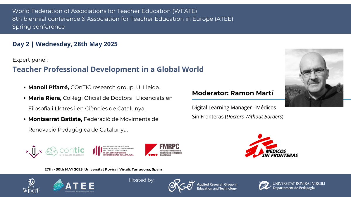argeturv's tweet photo. 📢 Expert panel! Join us for an engaging discussion on Teacher Professional Development in a Global World, moderated by @Ramon_Marti_KY
📌 8th #WFATE Biannual Conference 2025 & #ATEE2025 Spring Conference #TeacherEducation #WFATE25 @ATEE_Brussels https://t.co/2ce7uB9EJ7
