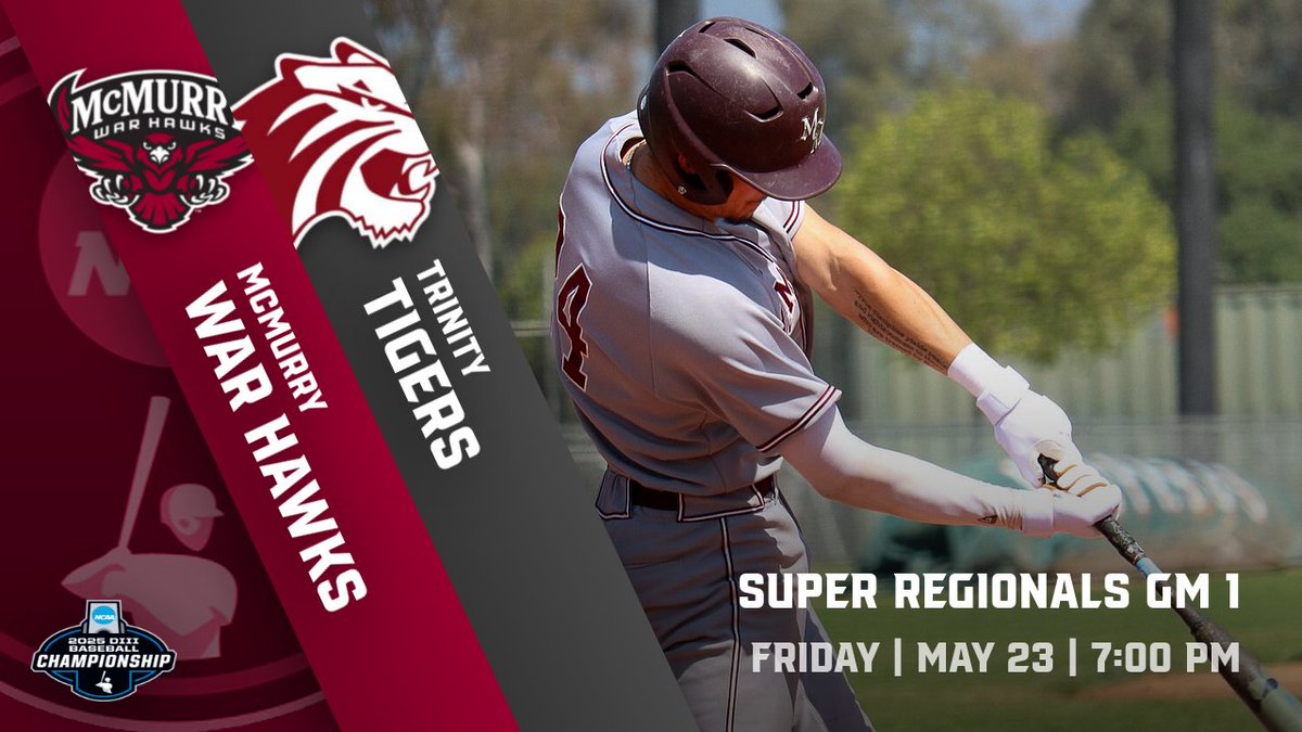 McMurry Athletics (@mcmsports) on Twitter photo Super Regionals Game One!!
🆚Trinity University
📍San Antonio, TX
🏟️Trinity Baseball Field ($5 Admission)
⏰7:00 p.m.
🎥tinyurl.com/37uhejh9
📋tinyurl.com/4xuhcuje
<a href="/McMurryBaseball/">McMurry Baseball</a> Super Regionals Game One!!
🆚Trinity University
📍San Antonio, TX
🏟️Trinity Baseball Field ($5 Admission)
⏰7:00 p.m.
🎥tinyurl.com/37uhejh9
📋tinyurl.com/4xuhcuje
<a href="/McMurryBaseball/">McMurry Baseball</a>
