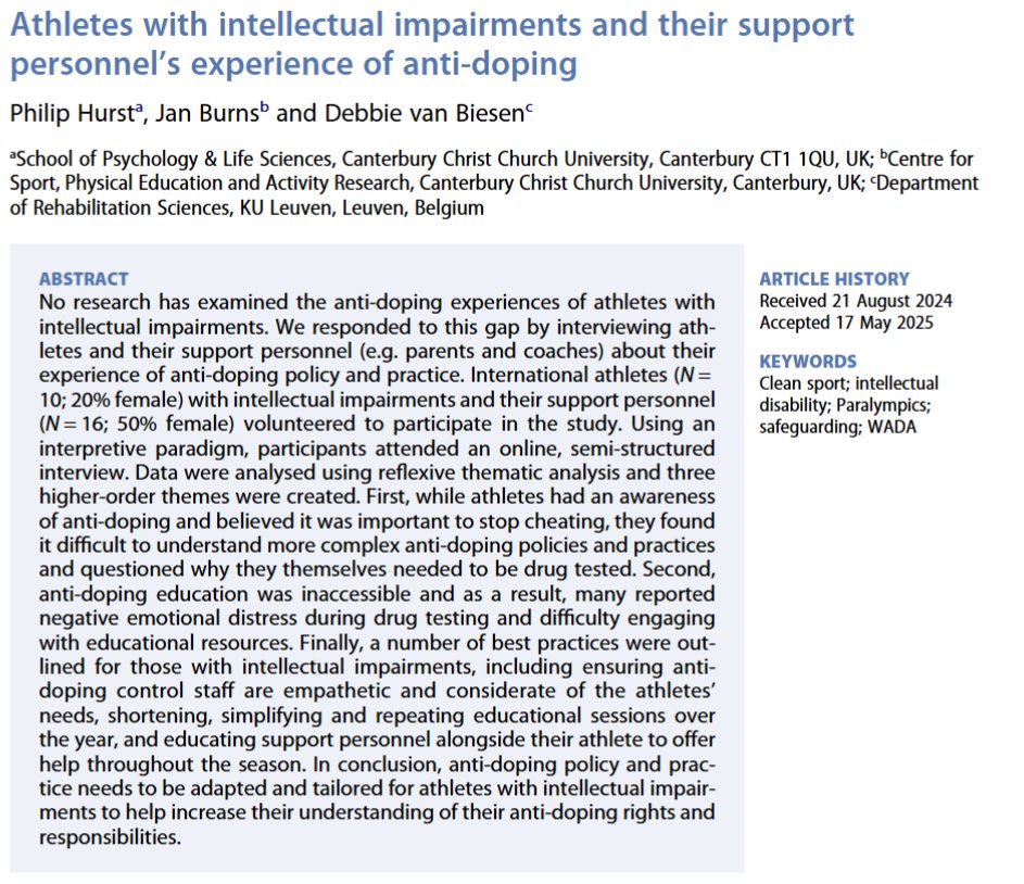phil_hurst1's tweet image. So pleased to see our @wada_ama funded project published! We examined the anti-doping experiences of athletes with intellectual impairments and highlight that changes to policy and practice are needed to help them better understand their rights and responsibilities