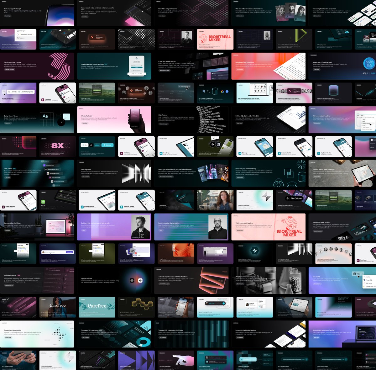 tompparkes's tweet image. Celebrating over 100 Front Desk card designs for @glideapps today. 🎉
These little guys live on the homepage for returning Glide users.
🌈 So satisfying to see them all build up over the years.