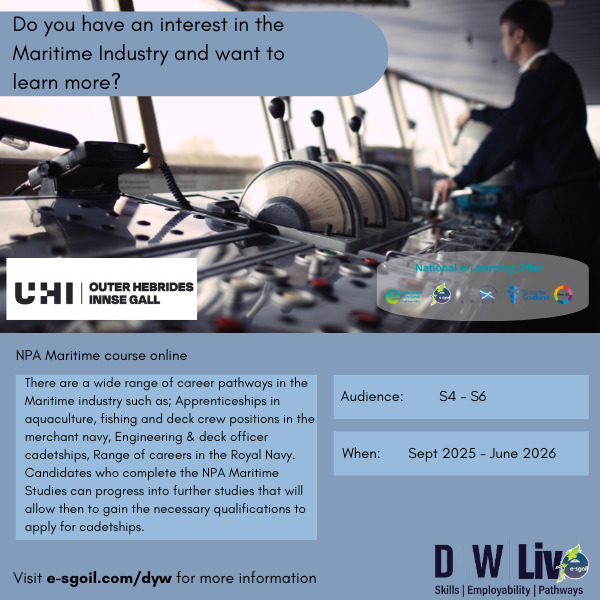 e-Sgoil (@esgoil) on Twitter photo Do you know a young person interested in a career either involving the law or working at sea? Find out more & express interest in the Legal Studies or Maritime Studies NPAs here e-sgoil.com/offers/vocatio……Courses info sessions on Mondays 3.45pm - link in brochure⬆️
#NeLO <a href="/UHI_NWH/">UHI North, West & Hebrides</a> Do you know a young person interested in a career either involving the law or working at sea? Find out more & express interest in the Legal Studies or Maritime Studies NPAs here e-sgoil.com/offers/vocatio……Courses info sessions on Mondays 3.45pm - link in brochure⬆️
#NeLO <a href="/UHI_NWH/">UHI North, West & Hebrides</a>