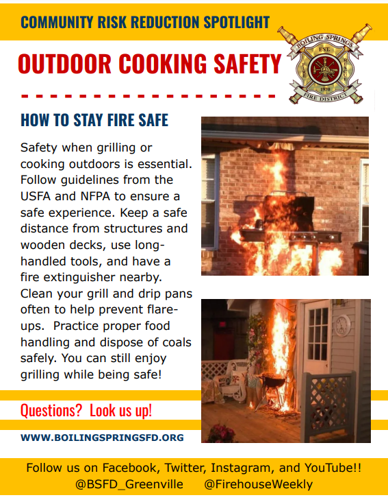 Memorial Day is coming—grill safely! Most grill fires happen May–Aug

1- Grill outdoors &amp; away from structures
2- Clean grill &amp; check for leaks
3- Never leave it unattended
4- Keep kids/pets 3ft away

Stay safe &amp; fire-free!
#GrillingSafety #CommunityRiskReduction @bsfd_greenville