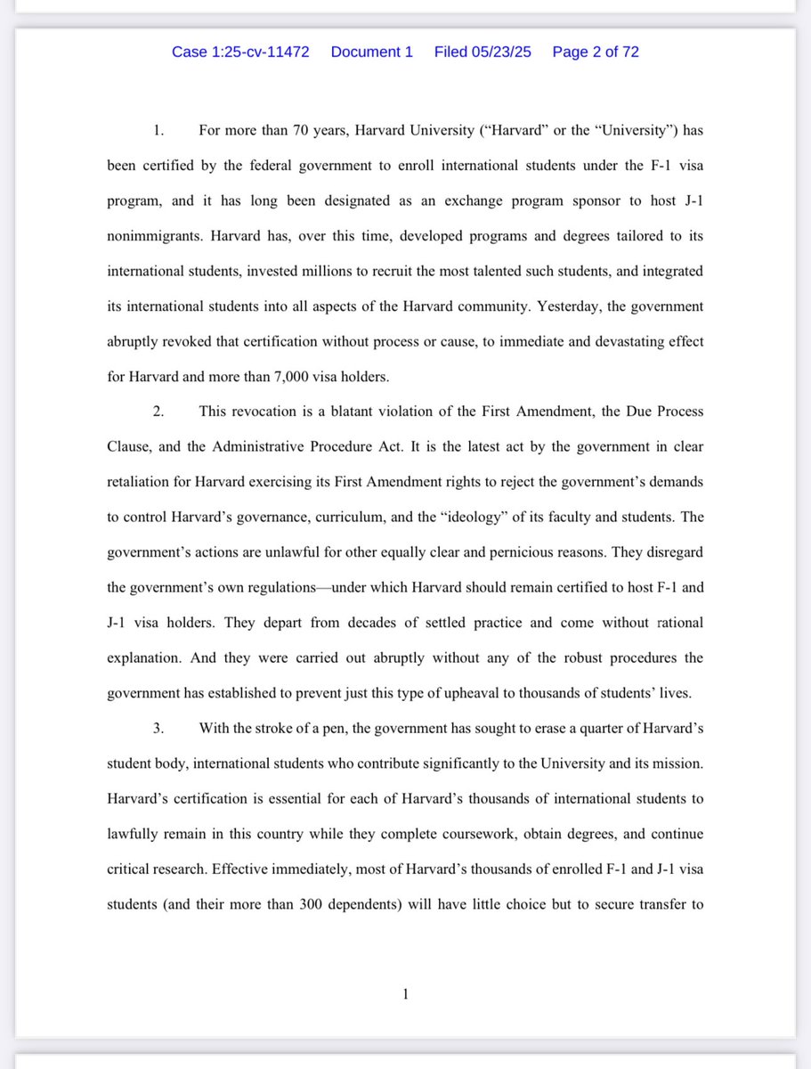 “This revocation is a blatant violation of the First Amendment, the Due Process Clause, and the Administrative Procedure Act…With the stroke of a pen, the government has sought to erase a quarter of Harvard's student body, international students who contribute significantly to