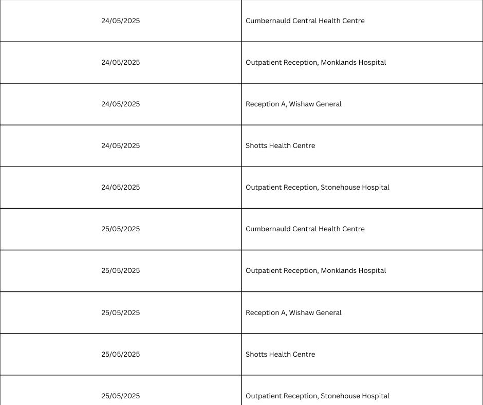 Any eligible Lanarkshire residents that have not yet received their Spring Booster are welcome to drop in to our open clinics this weekend. Further drop in clinics will be published early next week. For more info on the spring booster visit nhsinform.scot/covid19vaccine/