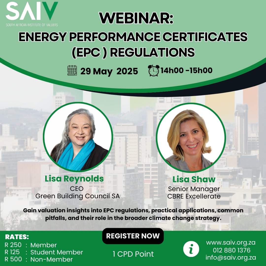 South African Institute of Valuers (@sa_valuers) on Twitter photo Join us on 29 May at 2pm, for a focused Energy Performance Certificates (EPC) webinar designed for property professionals.
🎙️Lisa Reynolds, CEO of <a href="/GBCSA/">GBCSA</a>  
🎙️Lisa Shaw, Senior Manager at CBRE Excellerate
Secure your spot ➡️ saiv.glueup.com/event/webinar-…
#EPCs #SAIVWebinar Join us on 29 May at 2pm, for a focused Energy Performance Certificates (EPC) webinar designed for property professionals.
🎙️Lisa Reynolds, CEO of <a href="/GBCSA/">GBCSA</a>  
🎙️Lisa Shaw, Senior Manager at CBRE Excellerate
Secure your spot ➡️ saiv.glueup.com/event/webinar-…
#EPCs #SAIVWebinar