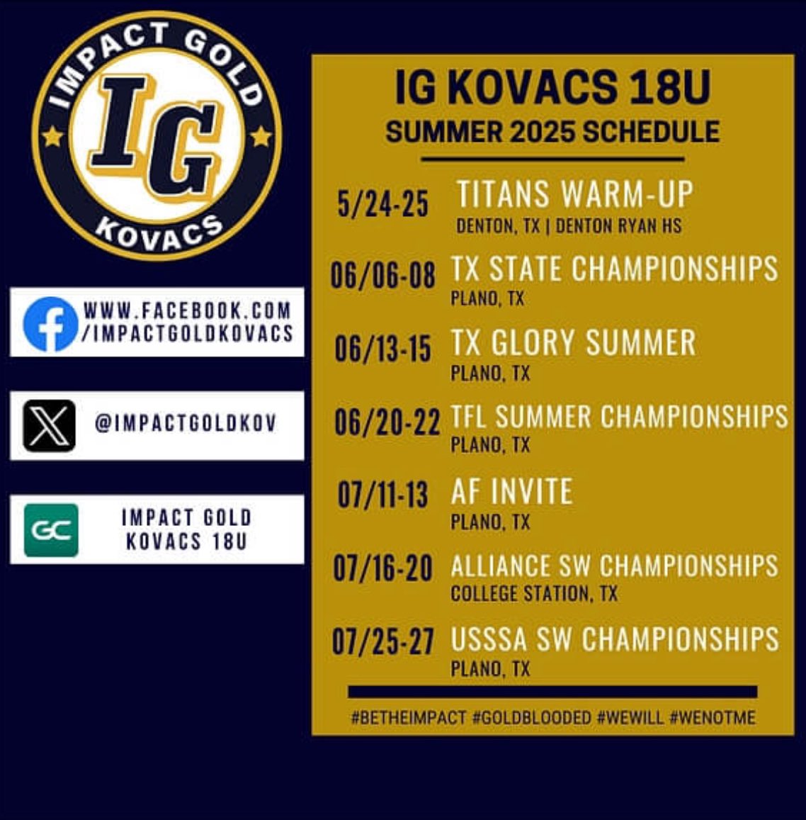 Impact Gold 18u Kovacs (2025/2026) (@impactgoldkov) on Twitter photo Summer season is heatinβ up! Weβre pumped to be back on the field together! Come check us out this summer! #IGKovacs #betheimpact #goldblooded
<a href="/ImpactGoldOrg/">Impact Gold Fastpitch</a> Summer season is heatinβ up! Weβre pumped to be back on the field together! Come check us out this summer! #IGKovacs #betheimpact #goldblooded
<a href="/ImpactGoldOrg/">Impact Gold Fastpitch</a>