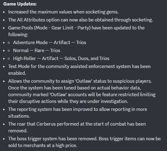 IronmaceGames's tweet photo. Greetings Adventurers! 

Hotfix 86 has been deployed to the server and is now live. With this update, the boss summoning system has been removed to allow all players to engage with the system, and boss summon items have been given a high sell price to vendors to compensate. 

Additionally, the queue system has been revised in closer keeping with the original vision for the game, with a single queue for normals and HR, while normals is now also restricted to trios only. 

Lastly, this hotfix also introduces the community Outlaw system, allowing the playerbase a greater degree of self governance and better access to reporting to ensure that cheaters are dealt with as quickly as possible. 

Full patch notes below: