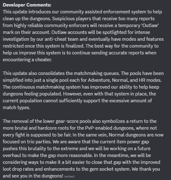 IronmaceGames's tweet photo. Greetings Adventurers! 

Hotfix 86 has been deployed to the server and is now live. With this update, the boss summoning system has been removed to allow all players to engage with the system, and boss summon items have been given a high sell price to vendors to compensate. 

Additionally, the queue system has been revised in closer keeping with the original vision for the game, with a single queue for normals and HR, while normals is now also restricted to trios only. 

Lastly, this hotfix also introduces the community Outlaw system, allowing the playerbase a greater degree of self governance and better access to reporting to ensure that cheaters are dealt with as quickly as possible. 

Full patch notes below: