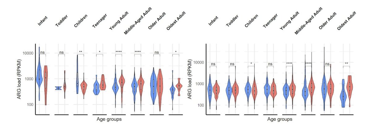 6/9 Gender differences in ARG abundance emerged in adulthood, indicating that gender-associated lifestyle, biological, or healthcare-related factors in adulthood may be linked to antibiotic resistance. nature.com/articles/s4152…