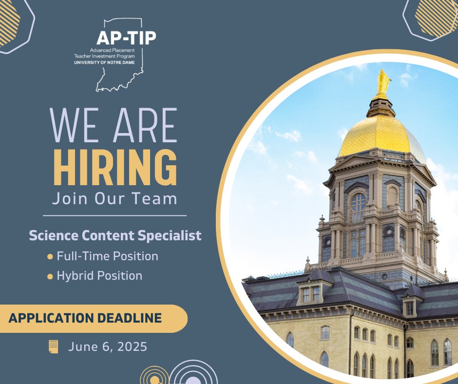 Our <a href="/aptipin/">AP TIP IN</a> is looking for a full-time Science Content Specialist to deliver professional development &amp; instructional support to Advanced Placement &amp; Dual Credit science teachers. 

🔗 Click to Apply: jobs.nd.edu/postings/37754