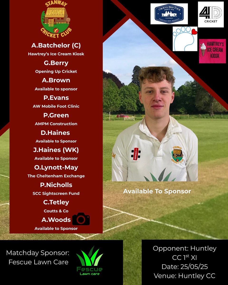 🏏 TEAM NEWS 🏏

We’re heading to <a href="/HuntleyCricket/">Huntley Cricket Club</a> tomorrow chasing 4 wins from 4!🔥

⭐️ Shoutout to Archie Woods – last week’s MoM with a match-winning 82*. Still available for sponsorship – get in touch!

Thanks to Fescue Lawn Care for sponsoring 🙌

#UpTheWay <a href="/swsportsnews/">South West Sports News</a>