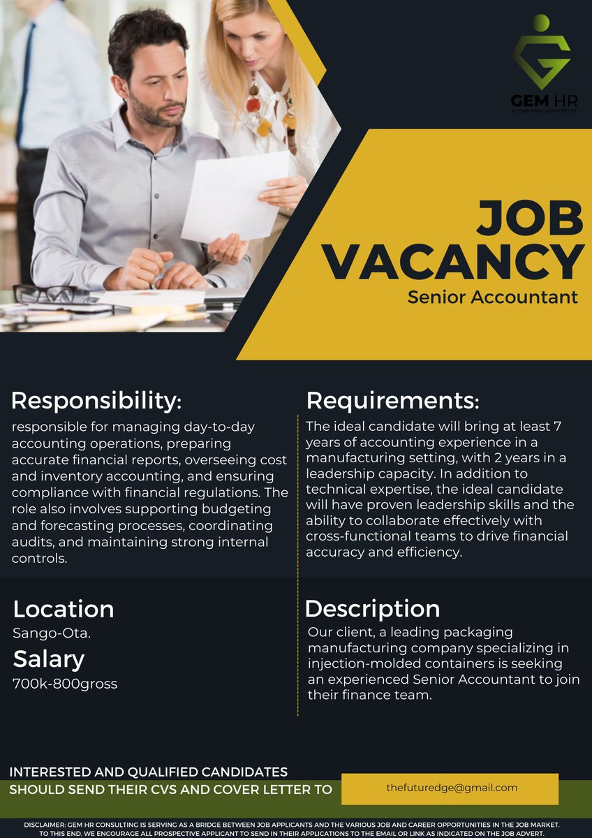 gem_hr's tweet photo. 🔥Urgent Hiring: Senior Accountant!🌟Lead and impact the IT sector! Location: Sango-Ota.💌APPLY: thefuturedge@gmail.com ⏳Act fast—this opportunity won't last! 👥 Know someone ideal? Tag them! #senioraccount #senioraccountant #senioraccounting #senioraccountmanager #account https://t.co/QJT3pr0y7G