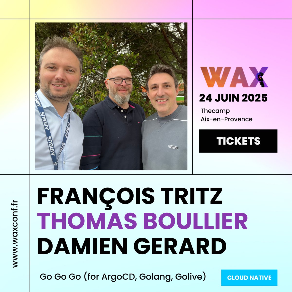 Les Filles & Les Garçons de la Tech (@fgtechteam) on Twitter photo #WAXCONF
Bienvenue à nos 3 speakers <a href="/FrancoisTritz/">François TRITZ</a> Damien Gerard et Thomas Boullier
Venez les écouter mardi 24 juin prochain à 11h dans l'amphi de thecamp
"Go Go Go (for ArgoCD, Golang, Golive)
Dans cette session, nous explorerons comment exploiter la puissance d'#ArgoCD, #WAXCONF
Bienvenue à nos 3 speakers <a href="/FrancoisTritz/">François TRITZ</a> Damien Gerard et Thomas Boullier
Venez les écouter mardi 24 juin prochain à 11h dans l'amphi de thecamp
"Go Go Go (for ArgoCD, Golang, Golive)
Dans cette session, nous explorerons comment exploiter la puissance d'#ArgoCD,