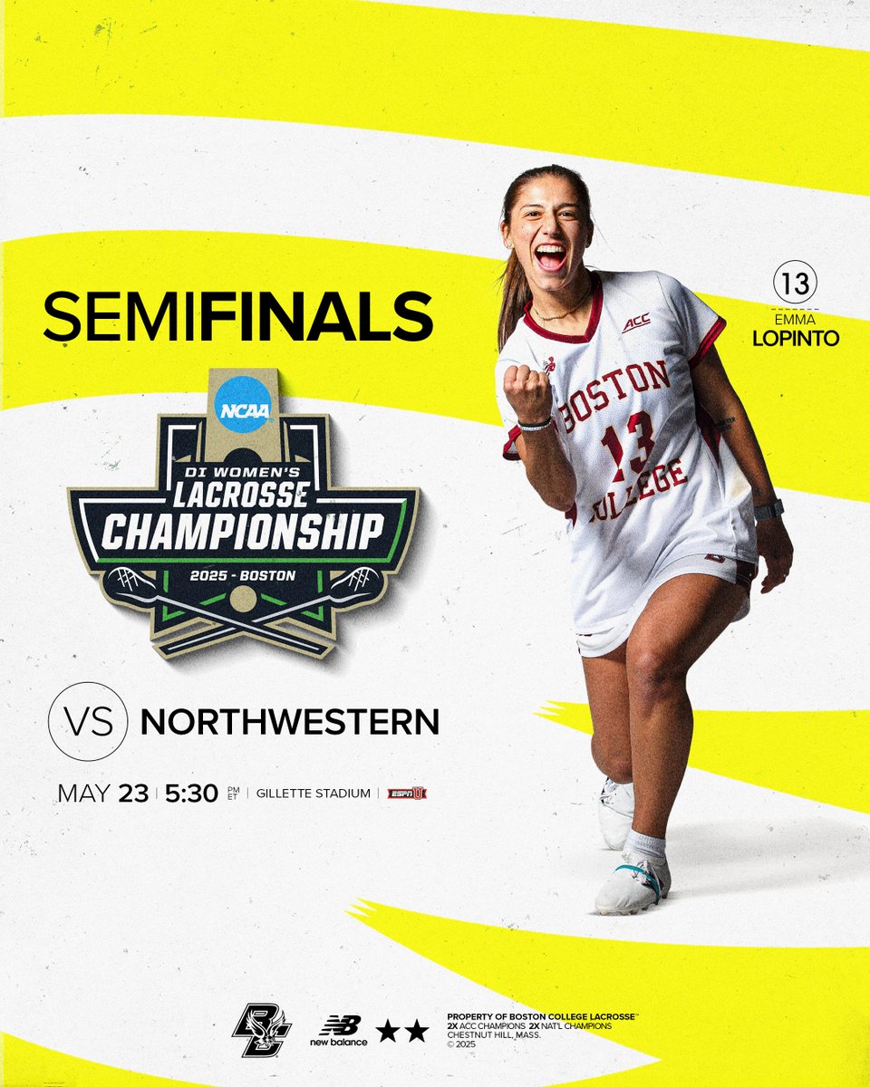 ⭐️ National Semifinals ⭐️

📍 Foxborough, Mass.
🏟️ Gillette Stadium
🥍 No. 3 Northwestern
📍 5:30 p.m.
📺 ESPNU
🎟️ bit.ly/43lnNjM
