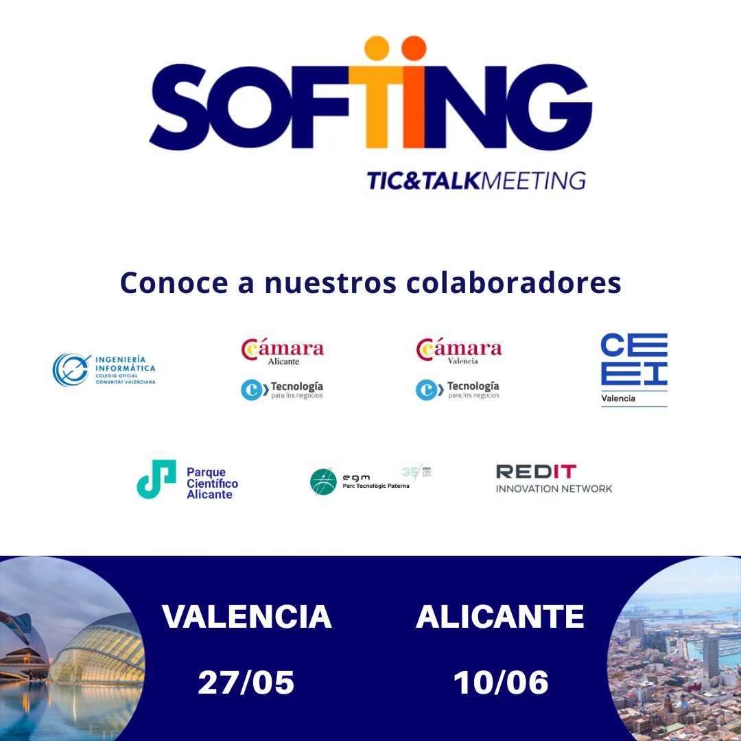 #SOFTINGTICTALK tiene lugar tanto en Valencia como en Alicante, para poner en valor el potencial que ambas ciudades tienen como polo tecnológico y de la innovación nacional.

Sin embargo, este evento no sería posible sin las entidades colaboradoras: <a href="/COIICV/">COIICV</a>, <a href="/CamaraAlicante/">Cámara Alicante</a>,