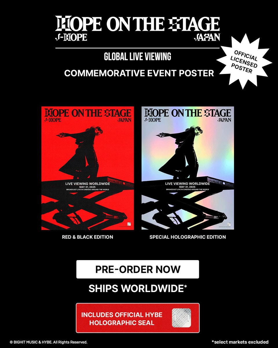 Celebrate the release of j-hope Tour 'HOPE ON THE STAGE' in Japan: LIVE VIEWING with the official licensed commemorative event poster!

Available to pre-order now in Red &amp; Black and Special Holographic Editions at j-hopeliveviewing.com/poster.

Posters ship worldwide, with select