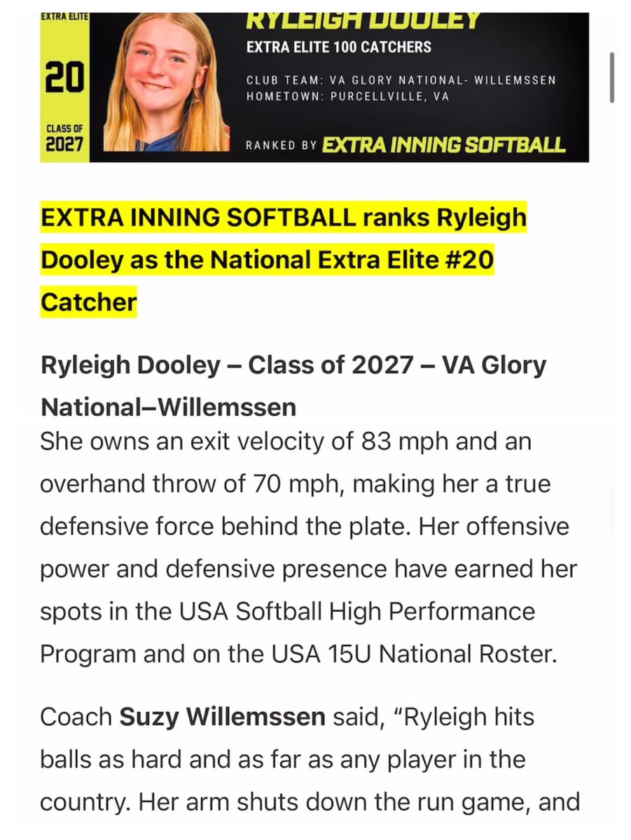 Ryleigh Dooley 2027 (@rydooley2027) on Twitter photo So so thankful for the recognition <a href="/ExtraInningSB/">EXTRA INNING SOFTBALL</a>! And always super thankful for the support from <a href="/SuzyWillemssen/">Suzy Willemssen</a>, can’t wait for this summer!! So so thankful for the recognition <a href="/ExtraInningSB/">EXTRA INNING SOFTBALL</a>! And always super thankful for the support from <a href="/SuzyWillemssen/">Suzy Willemssen</a>, can’t wait for this summer!!