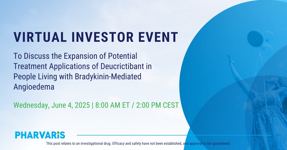 Join @Pharvaris $PHVS for a virtual R&amp;D call on June 4 at 8AM ET to discuss the potential of their investigational drug #deucrictibant in addressing the unmet needs of people living with #BradykininMediatedAngioedema. A live Q&amp;A will follow. Register now: bit.ly/4krOTwl