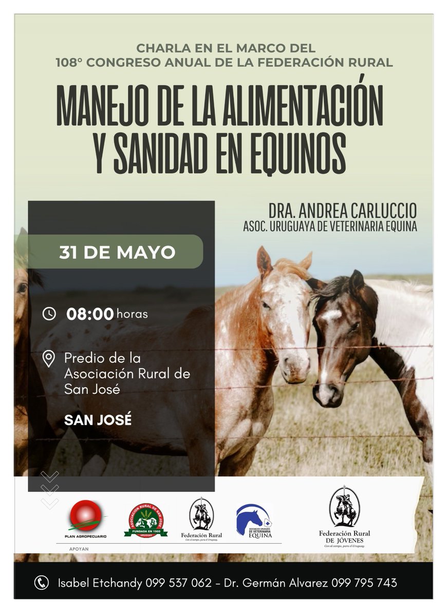 Plan Agropecuario (@planagro) on Twitter photo ¡Para agendar!
🗓️31/5⏰8hs📍San José
✔️Manejo de la alimentación y sanidad en equinos
En el marco del 108° Congreso Anual de <a href="/federacionrural/">Federación Rural</a>
🗣️Dra. Andrea Carluccio <a href="/AUEVE/">AUEVE</a>
📌<a href="/ruralSJ/">Asociacion Rural de San Jose</a>
¡Te esperamos!
<a href="/FRJovenesuy/">Federación Rural de Jóvenes</a> Isabel Etchandy <a href="/GermanAPVet/">Germán Alvarez</a> #PlanAgro ¡Para agendar!
🗓️31/5⏰8hs📍San José
✔️Manejo de la alimentación y sanidad en equinos
En el marco del 108° Congreso Anual de <a href="/federacionrural/">Federación Rural</a>
🗣️Dra. Andrea Carluccio <a href="/AUEVE/">AUEVE</a>
📌<a href="/ruralSJ/">Asociacion Rural de San Jose</a>
¡Te esperamos!
<a href="/FRJovenesuy/">Federación Rural de Jóvenes</a> Isabel Etchandy <a href="/GermanAPVet/">Germán Alvarez</a> #PlanAgro