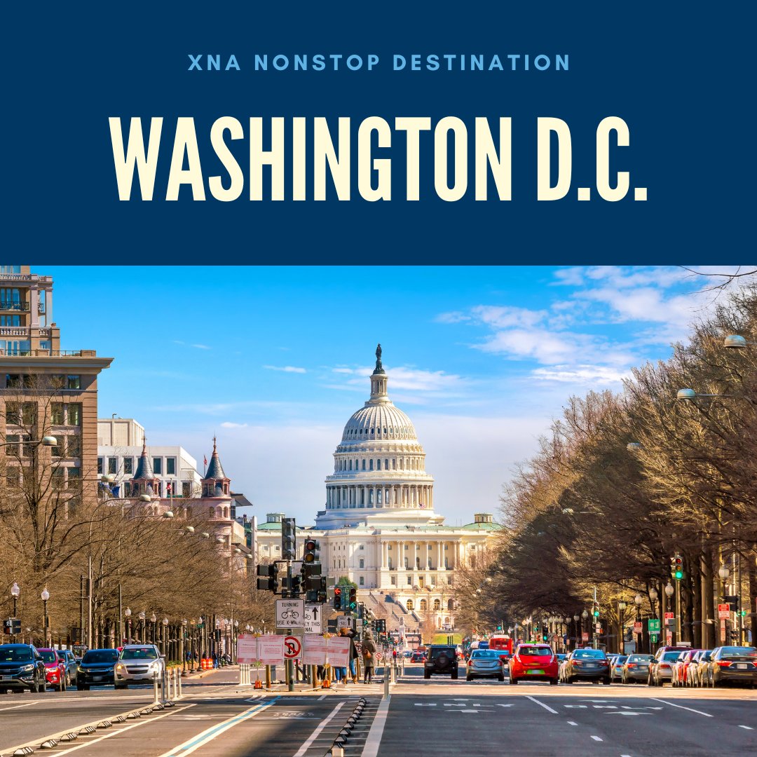 This #DirectFlightFriday, we’re featuring the nation’s capital! Fly nonstop from XNA to DCA. Visit iconic landmarks like the National Mall, Smithsonian museums, and the U.S. Capitol. Washington, D.C., is the perfect destination for history buffs and city explorers.