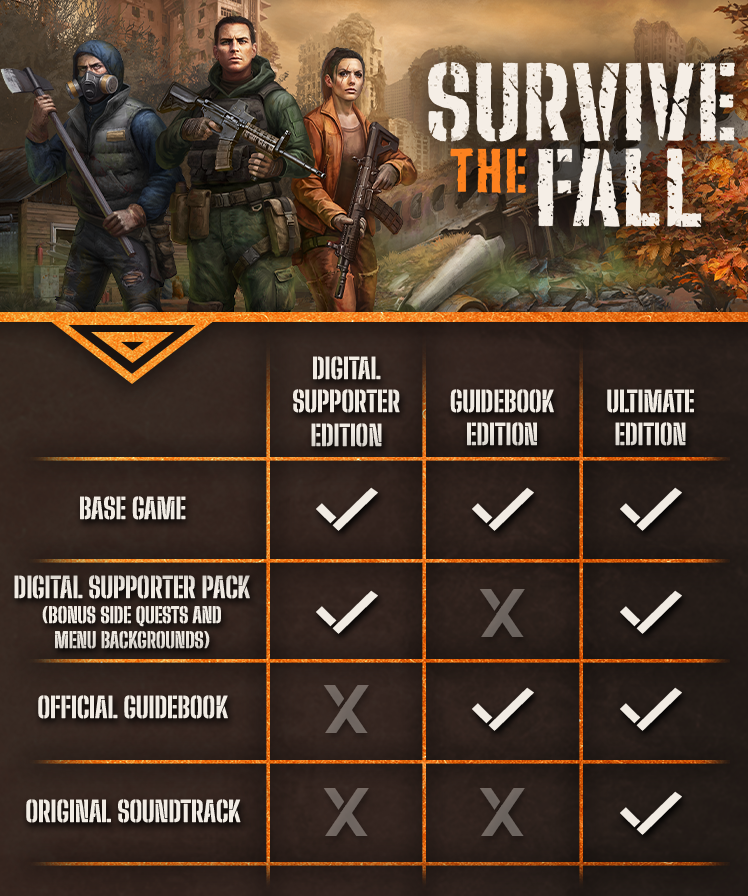 Choose your path with Survive the Fall – available now in 3 powerful editions:

✅ Digital Supporter – bonus quests
📘 Guidebook – official guide
🎶 Ultimate – everything + OST

👇 Choose wisely!

➡️ bit.ly/Survive-The-Fa…

#SurviveTheFall #GamingNews #PostApocalypticGame #Steam