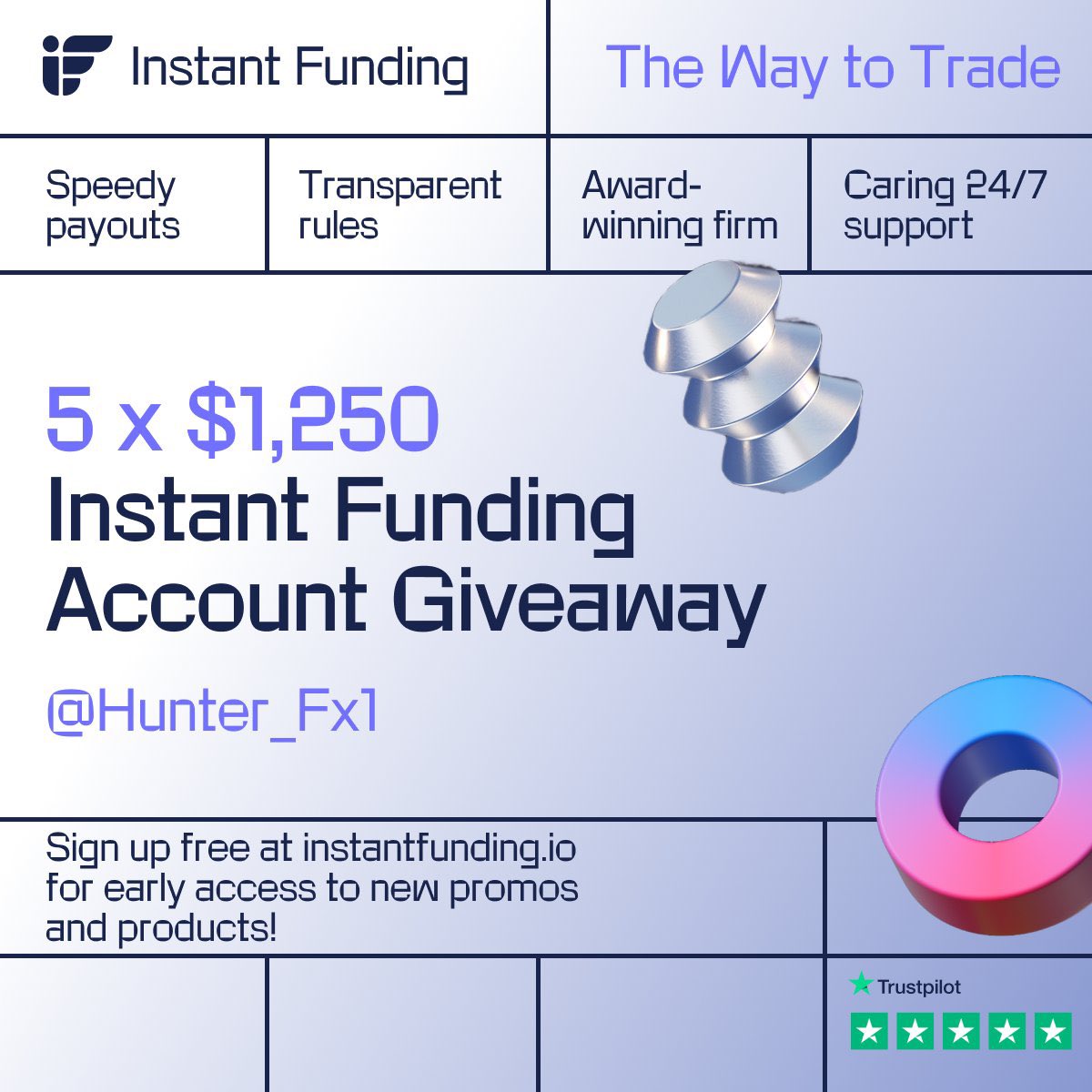 5x $1.25K Instant Funding giveaway with 
<a href="/InstantFunding_/">Instant Funding</a>

To Enter
⚡ Like &amp; RT
⚡ Follow 
<a href="/InstantFunding_/">Instant Funding</a>
<a href="/Hunter_Fx1/">Big Hunter 🏹</a> 
 &amp; 
<a href="/LewisM_IF/">Lewis | Instant Funding CEO</a>

Join Discord for more giveaways and competition.
discord.gg/instantfunding

New crypto platform launched!

Winners 4th of June