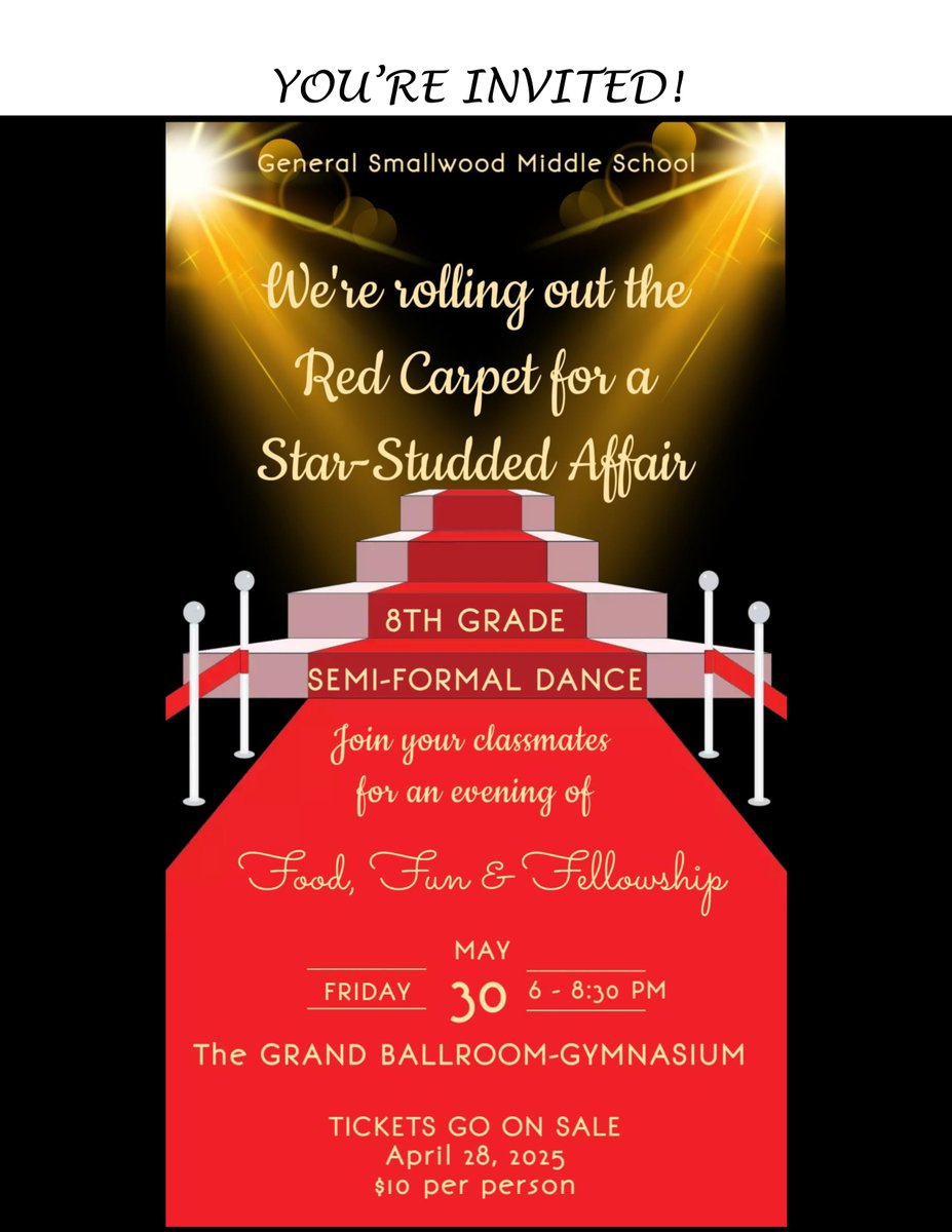 Tickets are on sale now for the 8th grade semi-formal dance. Don't wait to get your ticket, you don't want to miss out! #Smallwoodstrong
