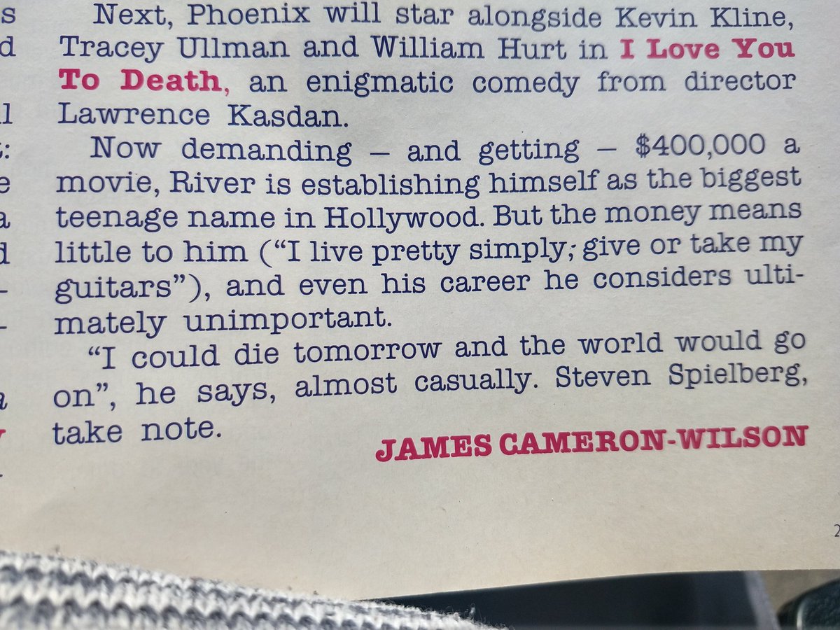 Dizkko's tweet photo. End of an article about River Phoenix from 1989. https://t.co/ehQ0p5xKVg