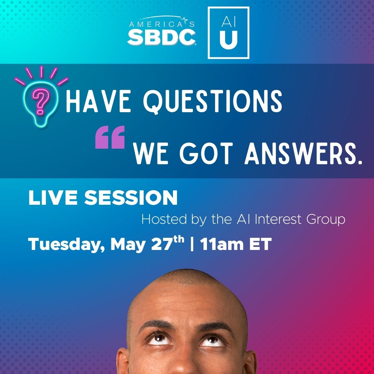 ASBDC's tweet photo. Have questions about implementing AI? We've got answers! Join the AI Interest Group Live Session to get guidance on best practices, current tools and safe &amp; effective AI implementation in SBDCs. 
📅 Tue, May 27th ⏰ 11:00 AM ET
Register now: https://t.co/kXTC3WBcQ7
#SBDC #AIU https://t.co/CGIzMO68xd