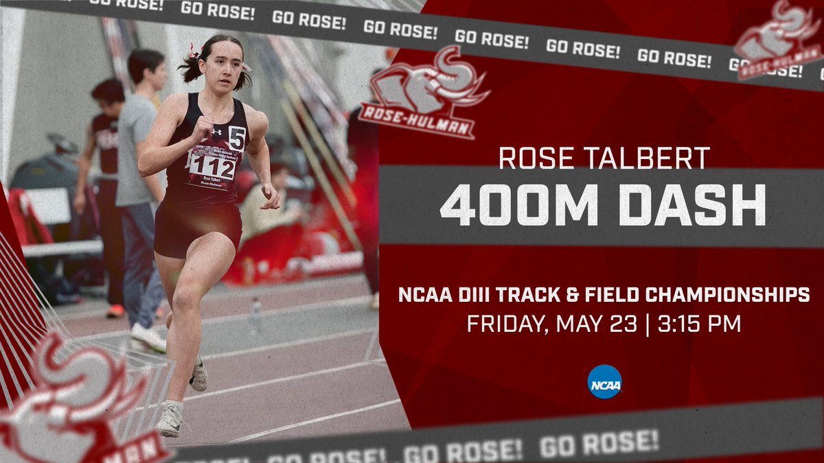 WOMEN'S 🏃‍♀️: Rose Talbert will compete TODAY in the 400-meter dash prelims at the NCAA DIII Track &amp; Field Championships at 3:15 PM. #GoRose

📍: Geneva, Ohio
⏰: 3:15 PM
📊: bit.ly/4dqLOKD
📺: bit.ly/4dAO5Dd
📄: bit.ly/3RAjNXG