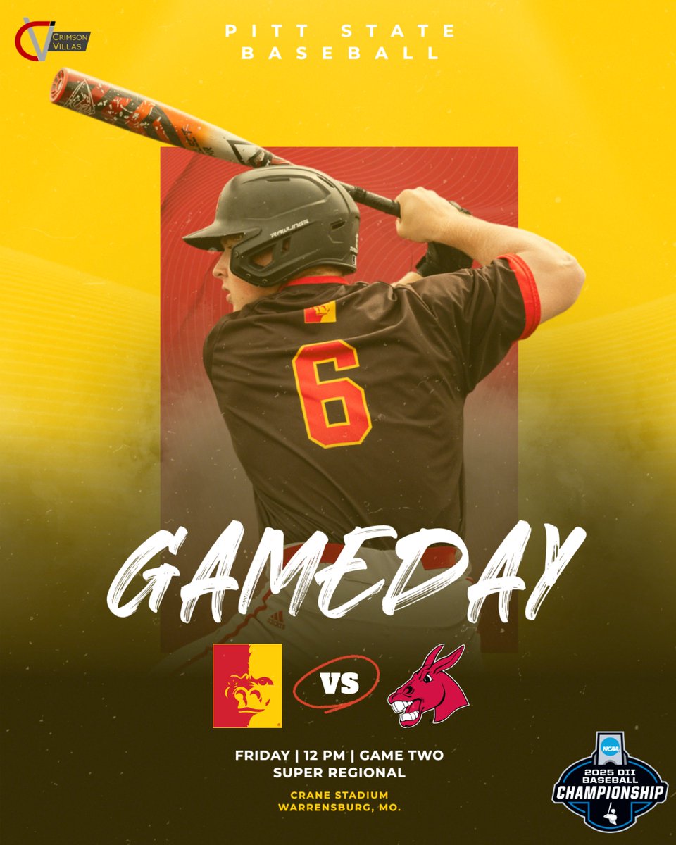 Pitt State Athletics 🦍 (@pittstgorillas) on Twitter photo 🚨GAMEDAY🚨
Pitt State Baseball faces Central Missouri for game two of their NCAA Division II Super Regional series 🦍⚾️
First pitch is at 12 PM in Warrensburg.
<a href="/GorillasBSB/">Pitt State Baseball ⚾️</a>|<a href="/pittstate/">Pittsburg State</a> 🚨GAMEDAY🚨
Pitt State Baseball faces Central Missouri for game two of their NCAA Division II Super Regional series 🦍⚾️
First pitch is at 12 PM in Warrensburg.
<a href="/GorillasBSB/">Pitt State Baseball ⚾️</a>|<a href="/pittstate/">Pittsburg State</a>