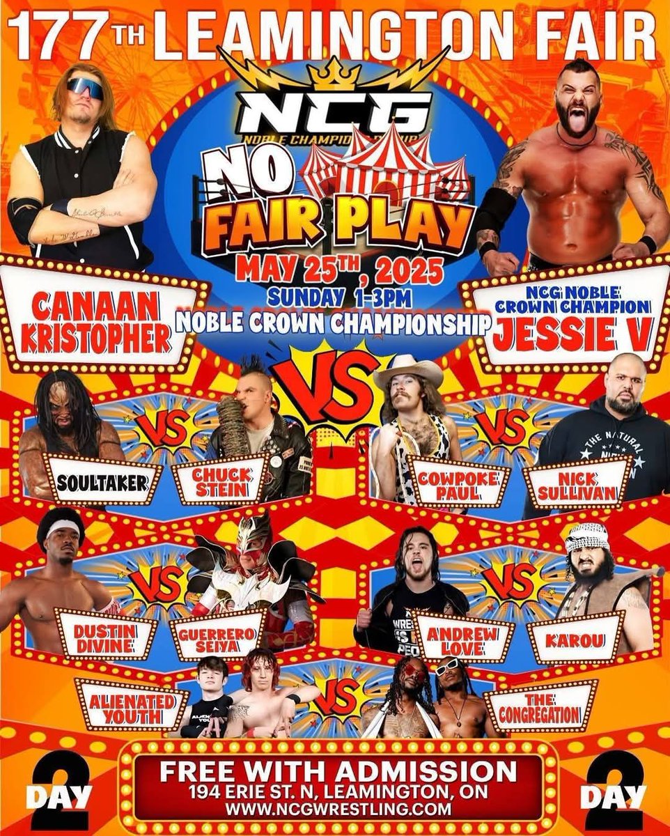 drakedamore's tweet photo. Kicking off the weekend with some old school wrasslin at the 177th Leamington Fair! Be there! #LongLiveNCG https://t.co/MTZ08YB0RO