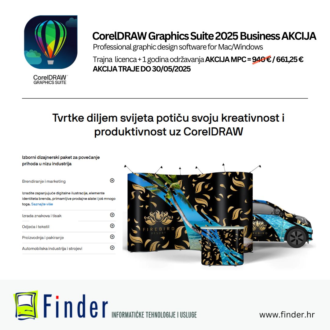 Finder_hr's tweet image. CorelDRAW Graphics Suite 2025 Business AKCIJA
Trajna  licenca + 1 godina održavanja AKCIJA MPC=661,25€
AKCIJA TRAJE DO 30/05/2025
finder.hr
finder.hr/coreldraw-grap…
#corel #coreldraw #graphicsuite #business #2025 #finder #findercorel #finderzagreb #finderhrvatska