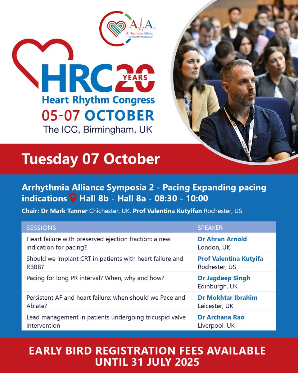 Heart Rhythm Congress (@heartrhythmcong) on Twitter photo Will you be at #HRC2025 on the Tuesday? If so this is one session not to be missed; the Arrhythmia Alliance session on pacing kindly put together by Prof Zachary Whinnett. heartrhythmcongress.org
<a href="/KnowYourPulse/">Arrhythmia Alliance</a> <a href="/AtrialFibUK/">AF Association</a> <a href="/BlackoutsTrust/">STARS -Syncope Trust And Reflex Anoxic Seizures</a> <a href="/TrudieLobban/">trudie</a> Will you be at #HRC2025 on the Tuesday? If so this is one session not to be missed; the Arrhythmia Alliance session on pacing kindly put together by Prof Zachary Whinnett. heartrhythmcongress.org
<a href="/KnowYourPulse/">Arrhythmia Alliance</a> <a href="/AtrialFibUK/">AF Association</a> <a href="/BlackoutsTrust/">STARS -Syncope Trust And Reflex Anoxic Seizures</a> <a href="/TrudieLobban/">trudie</a>