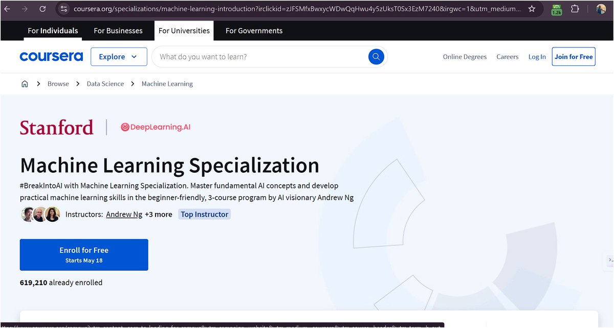 RAVIKUMARSAHU78's tweet image. 7. Machine Learning Specialization:

#BreakIntoAI with Machine Learning Specialization. Master fundamental AI concepts and develop practical machine learning skills in the beginner-friendly, 3-course program by AI visionary Andrew

🔗 imp.i384100.net/c/6170619/2804…