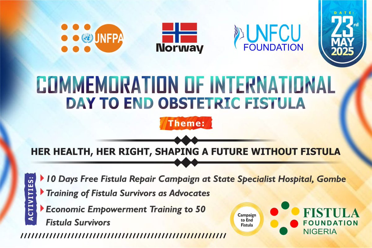 tijjani_bilkisu's tweet image. @FfnFistula  global commemoration of #IDEOF2025 in Gombe State
 Creating awareness about #fistula and conducting free 10 days Fistula repair campaign targeting 100 women with economic empowerment for rehabilitated fistula survivors with support from @UNFPANigeria @NorwayMFA