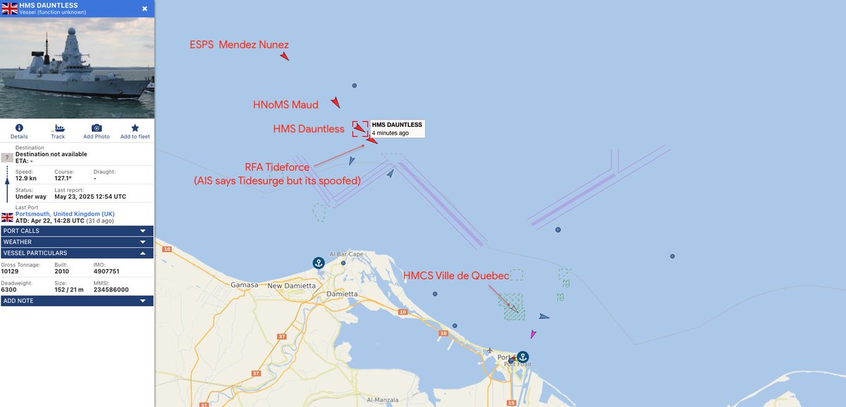 MT Anderson (@mt_anderson) on Twitter photo 🇬🇧Carrier Strike Group 2025🇬🇧
As anticipated based on the groups location yesterday, several elements of CSG '25 are taking up positions to transit the Suez Canal SB
🇨🇦HMS Ville de Quebec
🇪🇸ESPS Mendez Nunez
🇬🇧HMS Dauntless
🇳🇴HNoMS Maud
🇬🇧RFA Tideforce
data from <a href="/VesselFinder/">VesselFinder</a> 🇬🇧Carrier Strike Group 2025🇬🇧
As anticipated based on the groups location yesterday, several elements of CSG '25 are taking up positions to transit the Suez Canal SB
🇨🇦HMS Ville de Quebec
🇪🇸ESPS Mendez Nunez
🇬🇧HMS Dauntless
🇳🇴HNoMS Maud
🇬🇧RFA Tideforce
data from <a href="/VesselFinder/">VesselFinder</a>