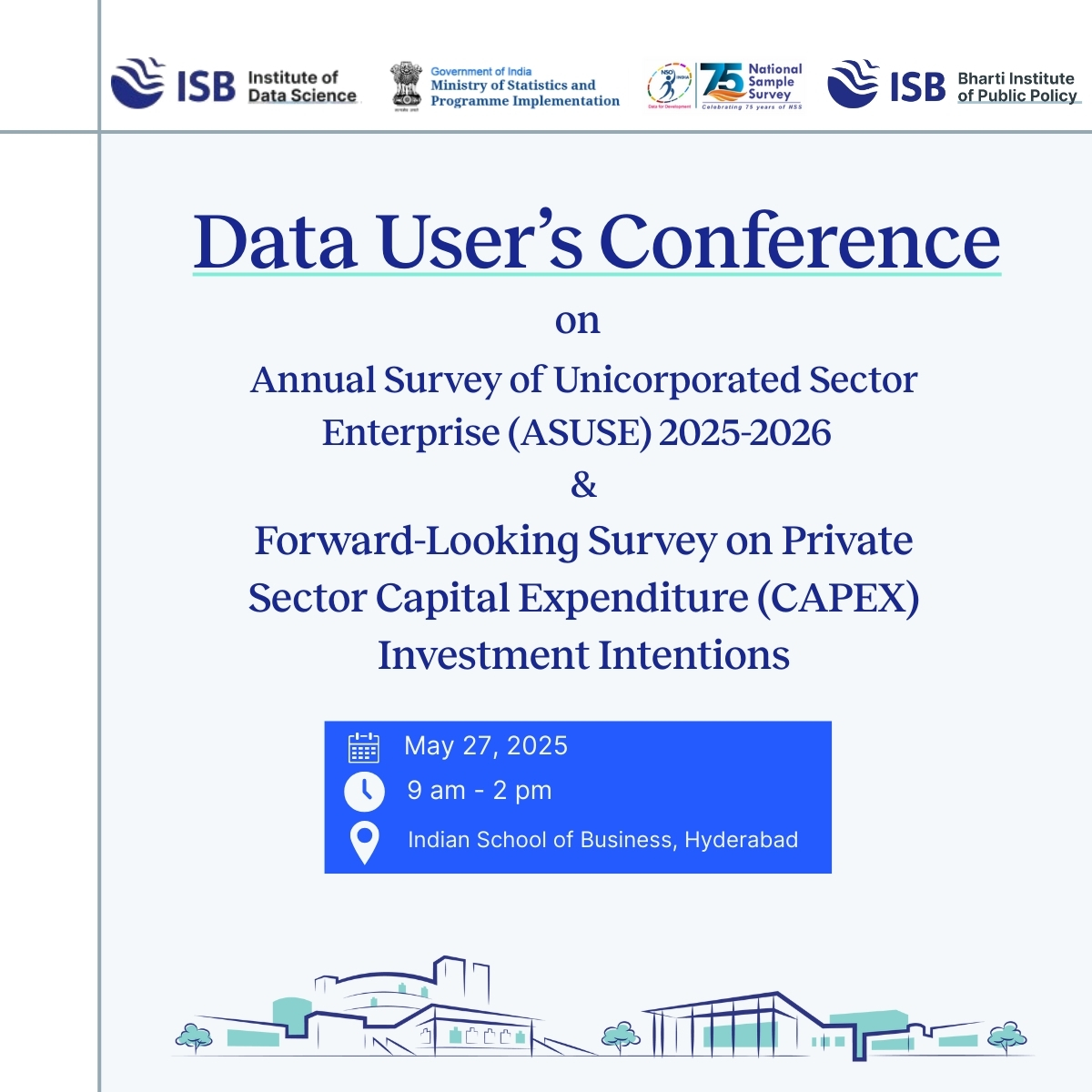 Bharti Institute of Public Policy (@bipp_isb) on Twitter photo 📢 Join us at the Data User’s Conference on May 27, 2025, at ISB Hyderabad. Co-hosted by IIDS, <a href="/GoIStats/">Ministry of Statistics & Programme Implementation</a> ,BIPP <a href="/ISBedu/">Indian School of Business (ISB)</a>, the event will dive into ASUSE, NSO’s new Private CAPEX survey & more.
Register: tinyurl.com/mryv56an
Agenda: tinyurl.com/yxhaf94c 📢 Join us at the Data User’s Conference on May 27, 2025, at ISB Hyderabad. Co-hosted by IIDS, <a href="/GoIStats/">Ministry of Statistics & Programme Implementation</a> ,BIPP <a href="/ISBedu/">Indian School of Business (ISB)</a>, the event will dive into ASUSE, NSO’s new Private CAPEX survey & more.
Register: tinyurl.com/mryv56an
Agenda: tinyurl.com/yxhaf94c