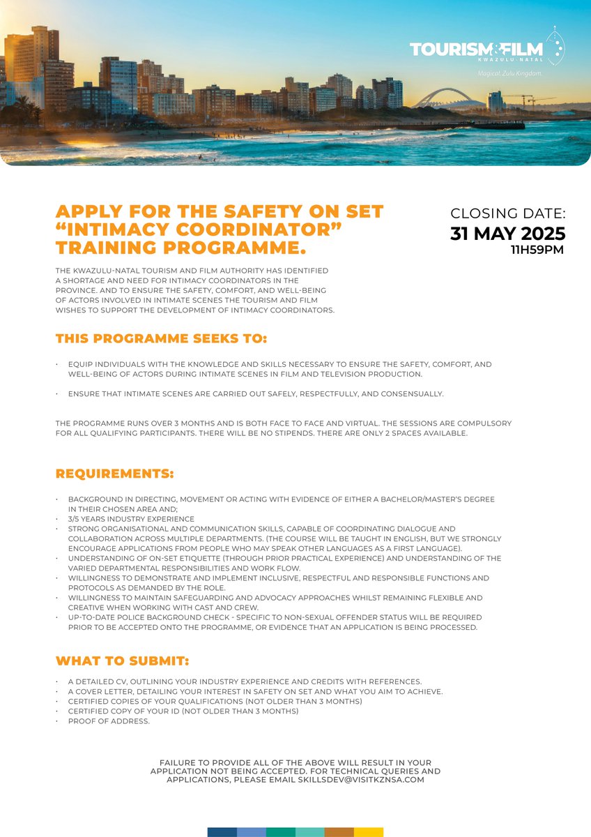 FilmInKZN's tweet image. Calling Future Intimacy Coordinators!

📅 Applications close: 31 May 2025 at 11:59PM
💻 Only 2 spots available – apply now!

📧 Email: skillsdev@visitkznsa.com

#KZNFilm #IntimacyCoordinator #FilmIndustrySafety #FilmInKZN