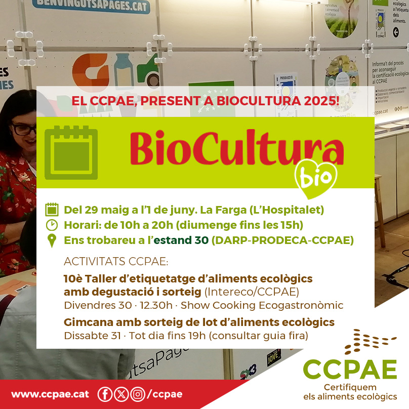 📆 Del 29 de maig a l'1 de juny, arriba la fira BioCultura!
⚠️ Aquest any, es trasllada a La Farga de L'Hospitalet.
📍 Ens trobaràs a l'estand 30.
ℹ️ Aquí pots consulta la nostra activitat: bit.ly/4mutsfW