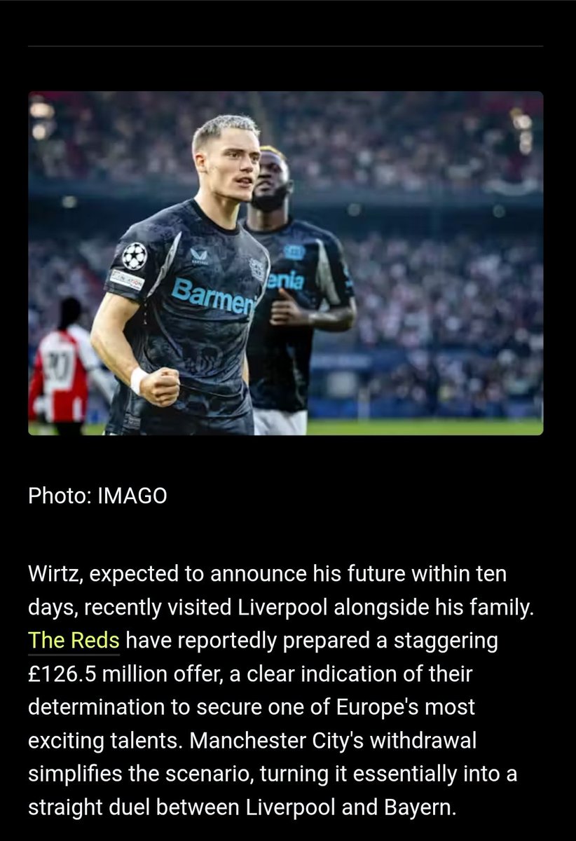 The Kenny Dalglish Stand YNWA ๐ด JFT97 ๐๐ป 6 x (@thedalglishstnd) on Twitter photo WOW!!!!!
If this is true, <a href="/LFC/">Liverpool FC</a> have tabled a bid of ยฃ126.5 million for Wirtz then we are actually genuinely not messin' about!!!!
Elliott linked to Levekusen, I mean Wirtz over Elliott is a no brainer.
Wirtz is mean't to have said everyone will know his future club within the WOW!!!!!
If this is true, <a href="/LFC/">Liverpool FC</a> have tabled a bid of ยฃ126.5 million for Wirtz then we are actually genuinely not messin' about!!!!
Elliott linked to Levekusen, I mean Wirtz over Elliott is a no brainer.
Wirtz is mean't to have said everyone will know his future club within the