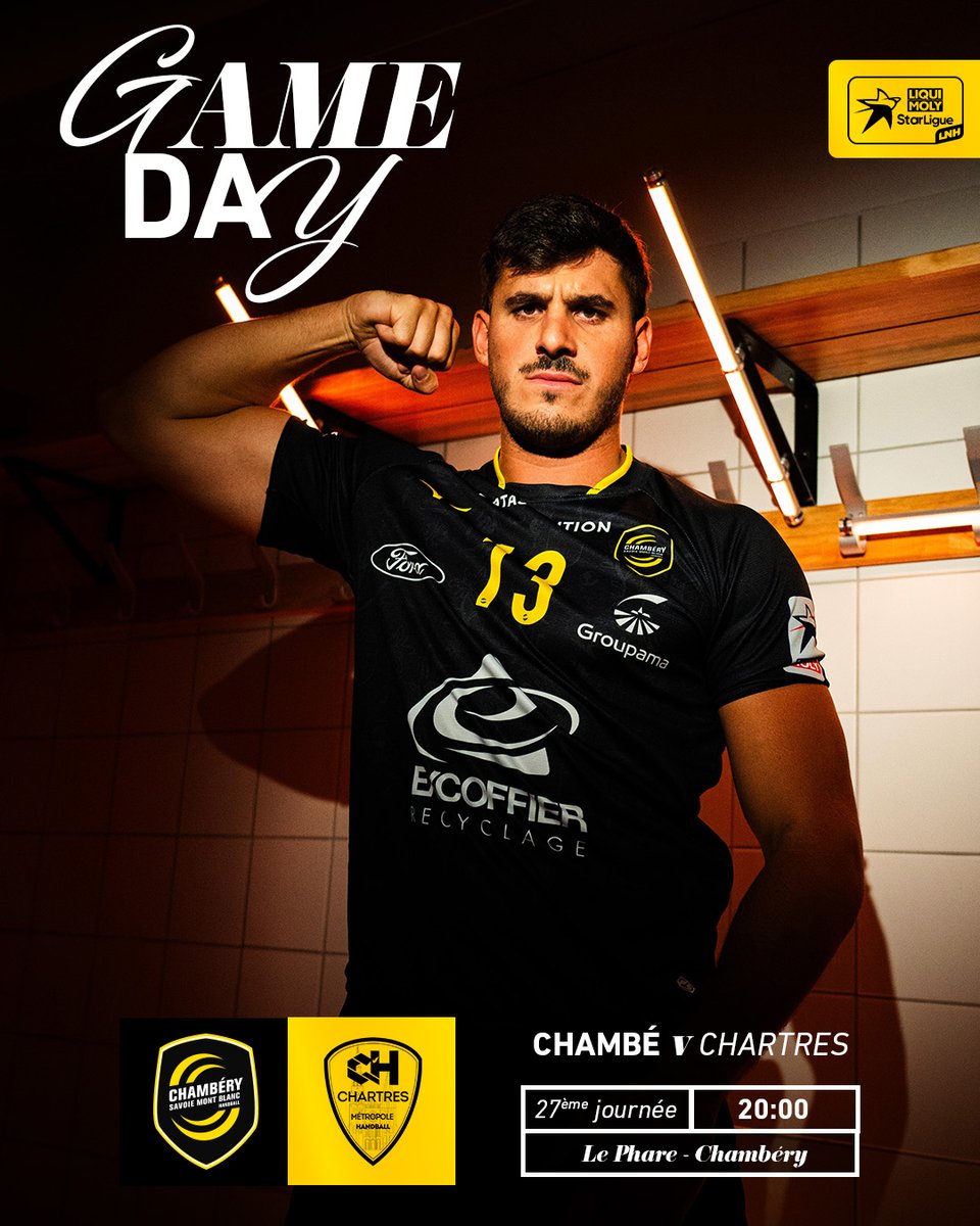 Chambéry Savoie Mont Blanc (@teamchambe) on Twitter photo ⚡️ 𝗚𝗔𝗠𝗘 𝗗𝗔𝗬 ⚡️
🆚 <a href="/ccmhb_/">C'Chartres Métropole Handball</a>
🕖 20:00
🏟 Le Phare - Grand Chambéry
🏆 #LiquiMolyStarLigue I 27ème journée
📺 Handball TV
#NousSommesChambé 🟡⚫️ ⚡️ 𝗚𝗔𝗠𝗘 𝗗𝗔𝗬 ⚡️
🆚 <a href="/ccmhb_/">C'Chartres Métropole Handball</a>
🕖 20:00
🏟 Le Phare - Grand Chambéry
🏆 #LiquiMolyStarLigue I 27ème journée
📺 Handball TV
#NousSommesChambé 🟡⚫️