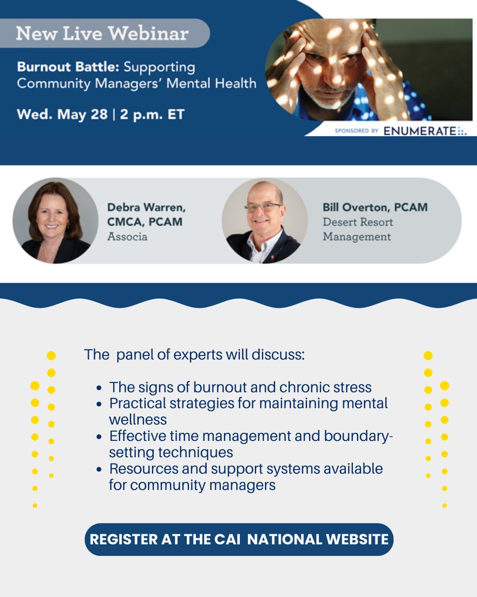 Join CAI National Virtual Event on Wednesday, May 28 @ 2 pm ET

Burnout Battle: Supporting Community Managers’ Mental Health.

Learn how to recognize burnout, set boundaries, manage stress, and access support—straight from industry experts.