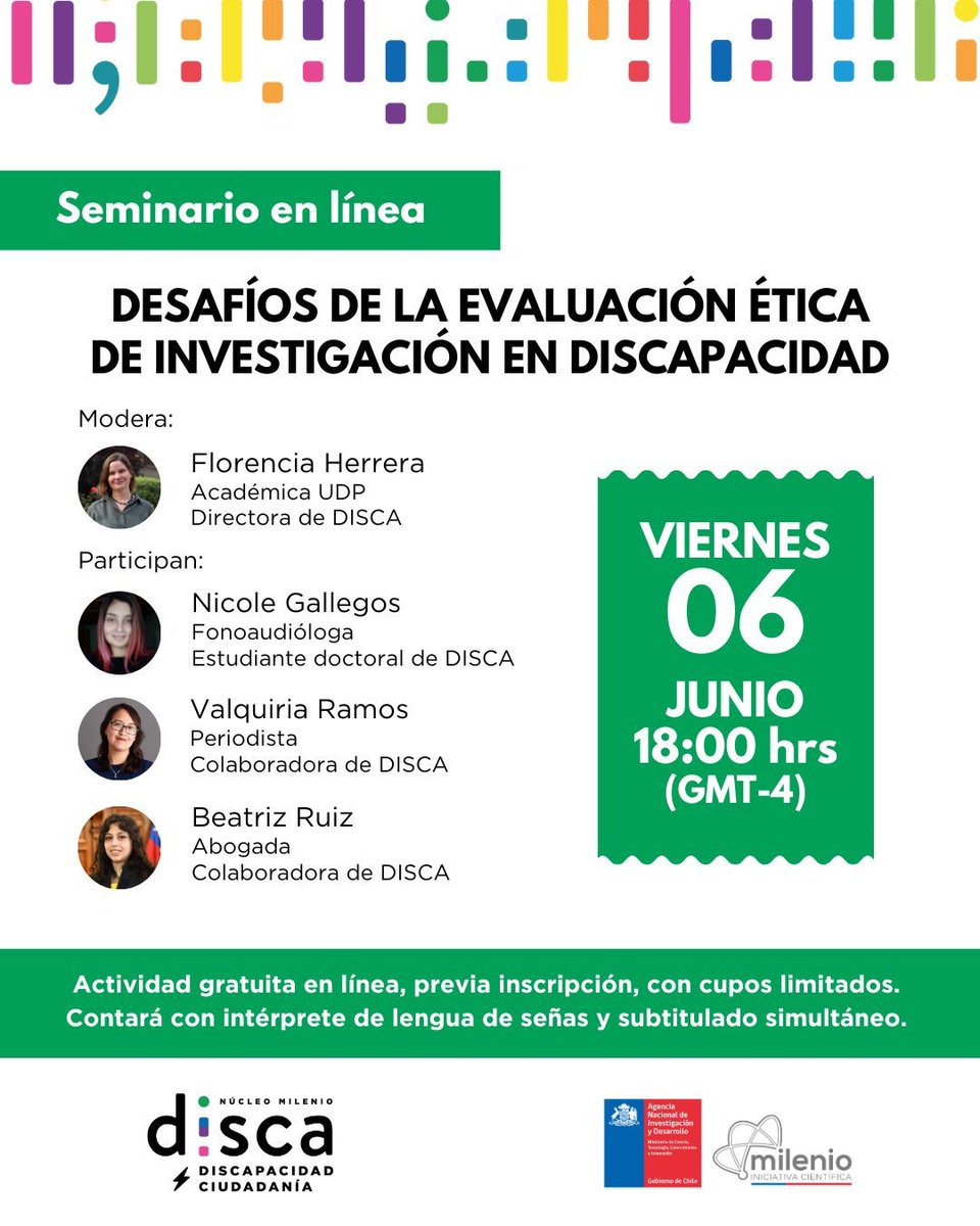 Núcleo DISCA (@nucleodisca) on Twitter photo Te invitamos al primer seminario de Núcleo DISCA, donde presentaremos hallazgos sobre el rol de los Comités de Ética en Chile.
📅 Vie 6 junio, 18:00 (GMT-4)
📍 Zoom | Con interpretación en lengua de señas y subtitulado
📝 Inscríbete: docs.google.com/forms/d/e/1FAI… Te invitamos al primer seminario de Núcleo DISCA, donde presentaremos hallazgos sobre el rol de los Comités de Ética en Chile.
📅 Vie 6 junio, 18:00 (GMT-4)
📍 Zoom | Con interpretación en lengua de señas y subtitulado
📝 Inscríbete: docs.google.com/forms/d/e/1FAI…